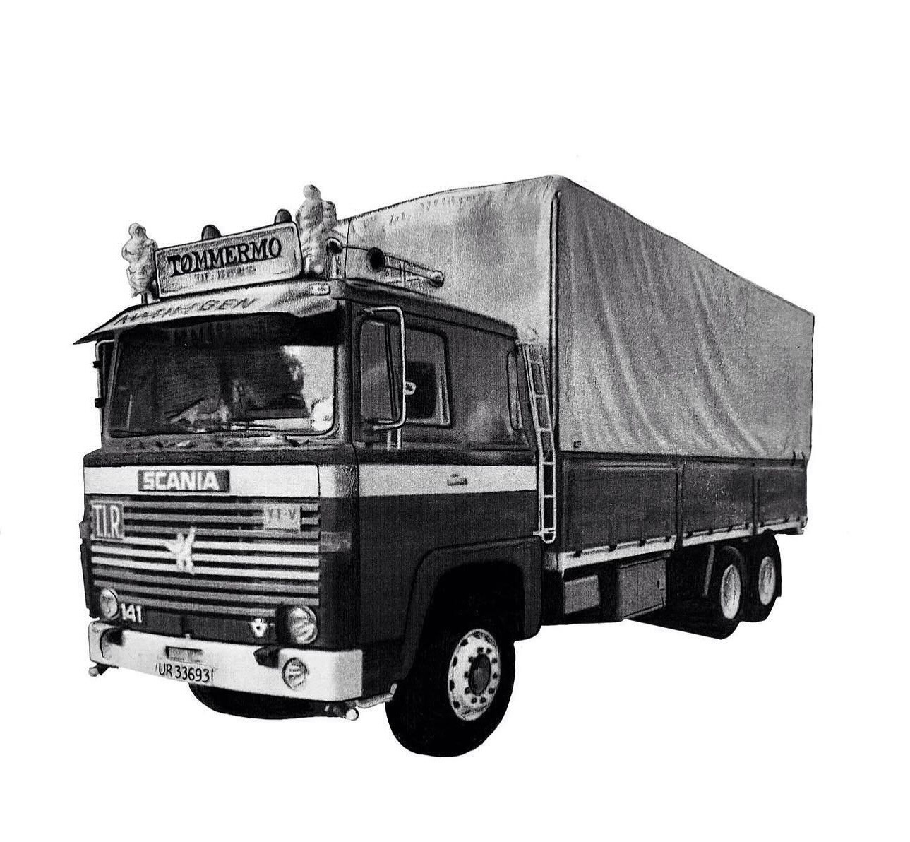 Blyantteikning av klassisk Scania 141-lastebil med presenning